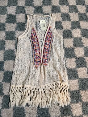 Boho Crochet Fringe Open Front Vest with Colorful Embroidered Panels Coverup